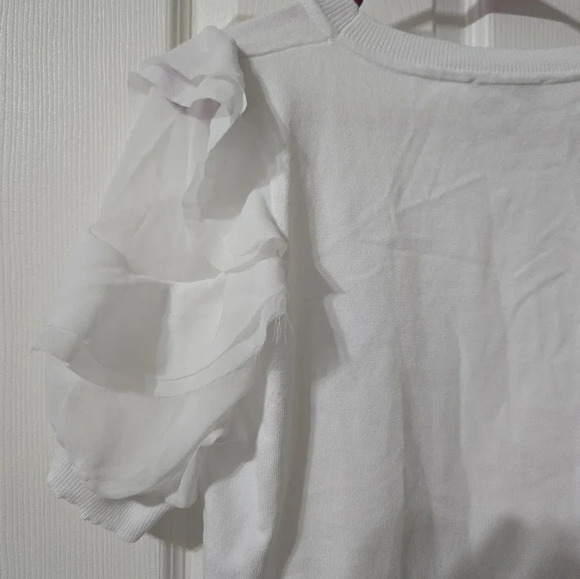 Nanette Lepore White Knit Sweater w/ Layered Chiffon Ruffle Sleeves, EUC! - Picture 7 of 10